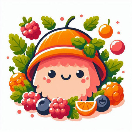 Cute little boy in a hat with berries. Vector illustration.のイラスト素材