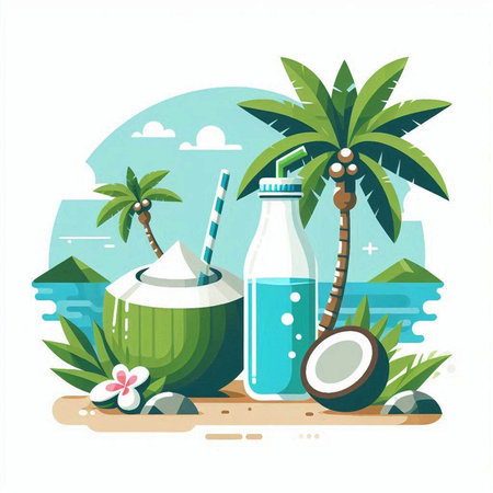 Coconut juice in a glass bottle with a straw on the beach. Flat vector illustration.のイラスト素材