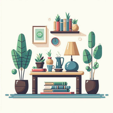 Modern living room interior with bookshelf, lamp and plants. Flat vector illustration.のイラスト素材
