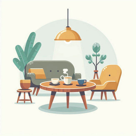 Living room interior with sofa and coffee table. Vector illustration in flat styleのイラスト素材