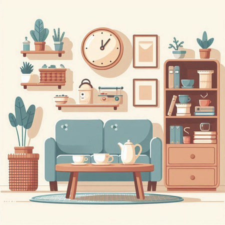 Interior of living room with furniture, sofa, coffee table, bookshelf, shelves, clock, potted plants. Vector illustrationのイラスト素材