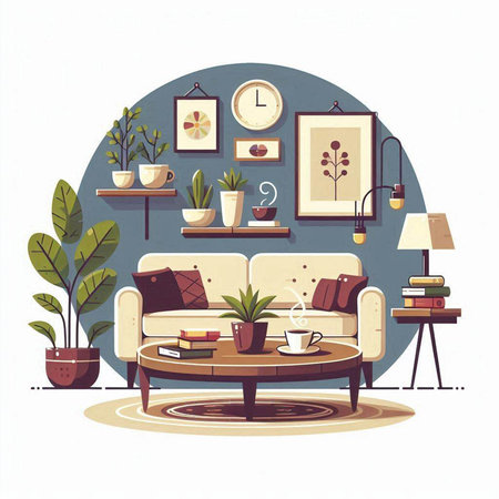Living room interior with furniture, sofa, coffee table, bookshelf and plants. Vector illustration.のイラスト素材
