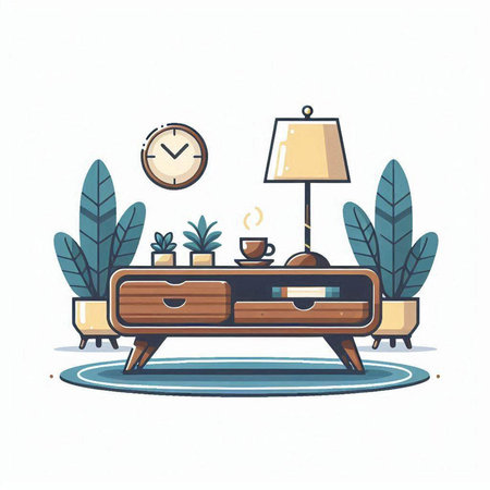 Cup of coffee on a wooden chest of drawers in the living room. Vector illustration.のイラスト素材
