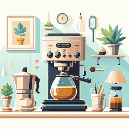 Coffee maker in the interior of a cafe. Vector illustrationのイラスト素材