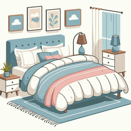 Vector illustration of a bedroom interior. Bed with pillows and blanket.のイラスト素材