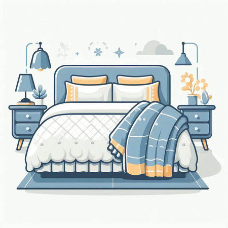 Vector illustration of a cozy bedroom with a double bed and pillowsのイラスト素材