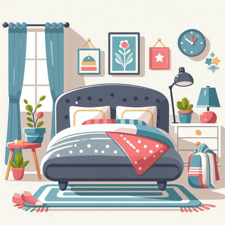 Vector illustration of cozy bedroom with bed, pillows, plants, lamp and clock.のイラスト素材