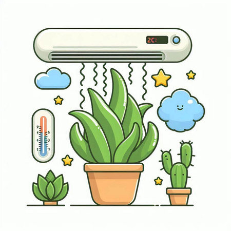 Air conditioner with houseplant and thermometer. Vector illustration.のイラスト素材