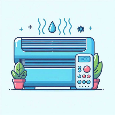 Air conditioner with remote control. Vector illustration in flat style.のイラスト素材