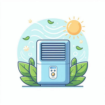 Modern air conditioner with green leaves and sun. Flat vector illustration.のイラスト素材