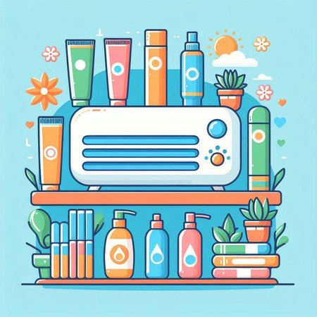 Vector illustration of the shelf with different cosmetic products on a blue backgroundのイラスト素材