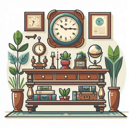 Vector illustration of cozy living room interior with bookshelf, clock, plants and accessories.のイラスト素材