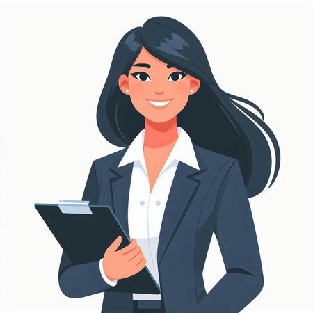 Business woman holding clipboard. Vector illustration in cartoon style isolated on white background.のイラスト素材