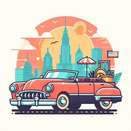 Retro car on the background of the city. Vector illustration.のイラスト素材