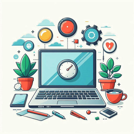 Flat design modern vector illustration concept of online education, distance learning, work from home. Laptop, mobile phone, coffee cup, plant, gears, calculator, pencils, notebook, clock.のイラスト素材