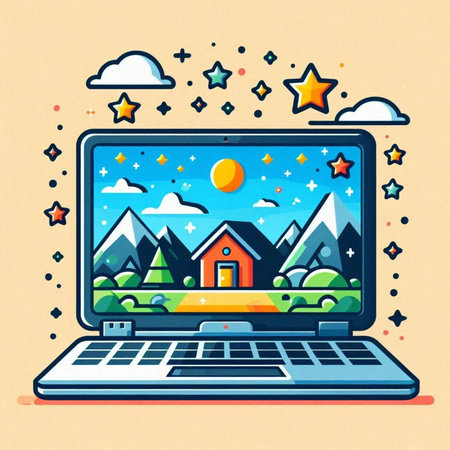 Laptop with home and mountains on the screen. Vector illustration.のイラスト素材