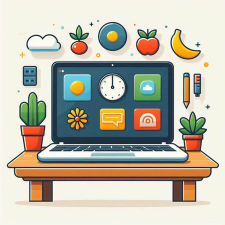 Laptop with different icons on the screen. Flat design vector illustration.のイラスト素材