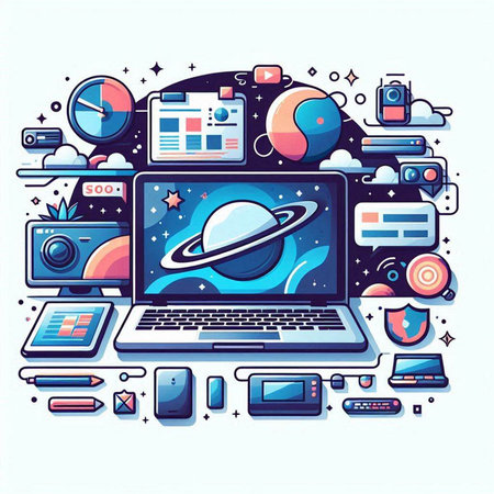 Vector illustration of computer technology and space theme. Flat line art design.のイラスト素材