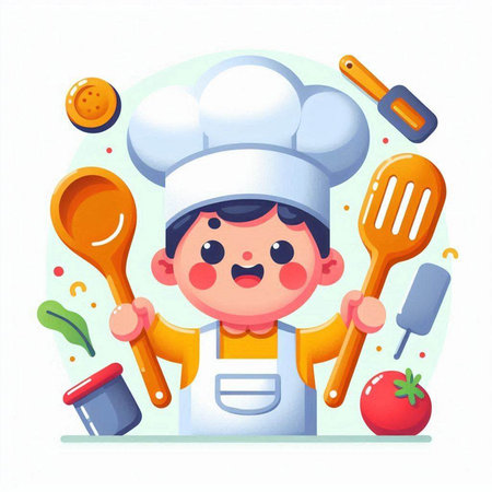 Cute little boy chef cartoon character cooking in kitchen. Vector illustrationのイラスト素材