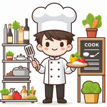 Illustration of a Kid Boy Dressed as a Chef Holding a Spoon and a Forkのイラスト素材