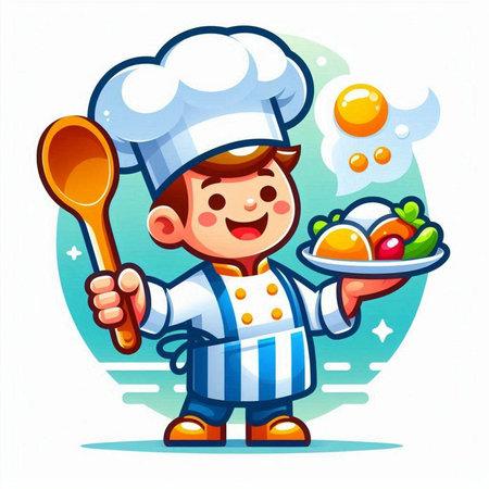 Illustration of a Little Chef Holding a Spoon and Bowl with Vegetablesのイラスト素材