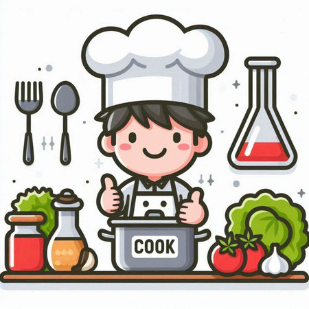 Cartoon chef boy cooking in the kitchen. Vector clip art.のイラスト素材