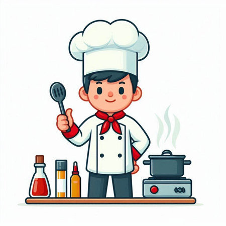 Chef boy with ladle and cooking utensils. Vector illustrationのイラスト素材
