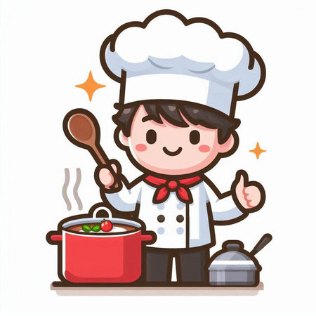 Cute chef boy with pot and ladle cartoon vector illustration.のイラスト素材