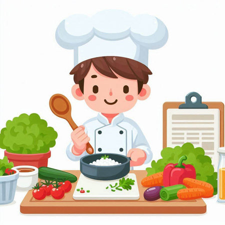 Chef boy cooking in kitchen. Vector illustration of cartoon character.のイラスト素材