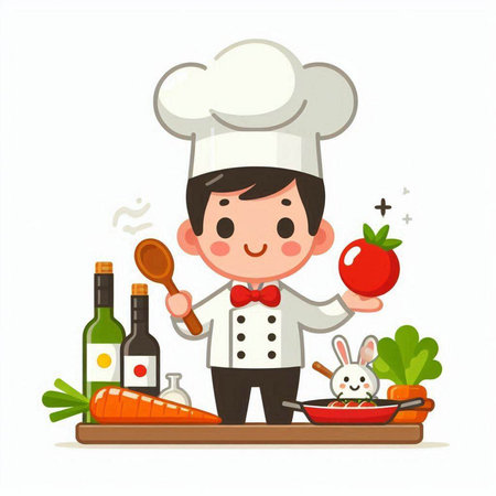 Chef cooking with vegetables and fruits in the kitchen. Vector illustration.のイラスト素材