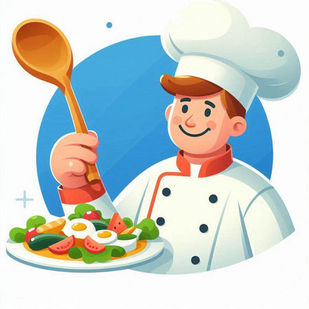 Chef with a plate of salad. Vector illustration in cartoon styleのイラスト素材