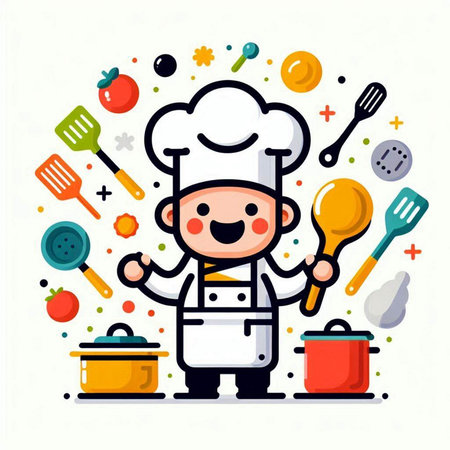 Cute little chef with cooking tools. Vector illustration in flat styleのイラスト素材