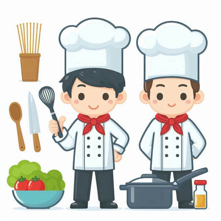 Chef and cook with cooking tools. Vector illustration in cartoon styleのイラスト素材