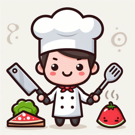 Chef Cartoon Character Vector Illustration. Cute Cartoon Chef Holding Knifeのイラスト素材