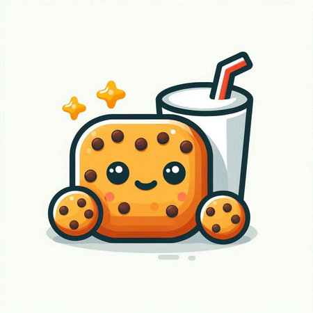 Cute chocolate chip cookie with a glass of milk. Vector illustration.のイラスト素材