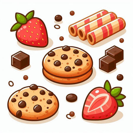 Set of chocolate chip cookies, strawberries and chocolate candies. Vector illustration.のイラスト素材