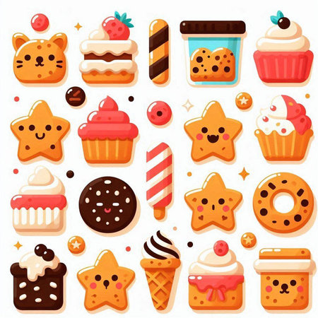 Cute cartoon cakes and cupcakes icons set. Vector illustration.のイラスト素材