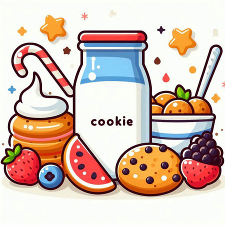 Vector illustration of a jar of milk, cookies, fruits and sweets.のイラスト素材