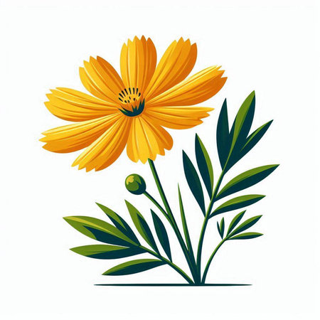 Beautiful yellow flower with green leaves isolated on white background. Vector illustration.のイラスト素材