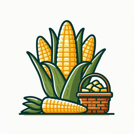 Illustration of a basket with corn on a white background. Vector illustrationのイラスト素材