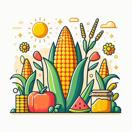 Vector illustration with corn and fruits on white background. Flat style.のイラスト素材