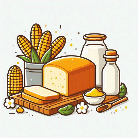 Illustration of dairy products with corn, milk and butter. Vector illustration.のイラスト素材
