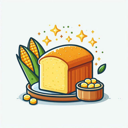 Illustration of a loaf of bread and corn on a plate.のイラスト素材
