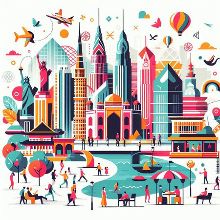 Cityscape with people and landmarks. Vector illustration in flat style.のイラスト素材
