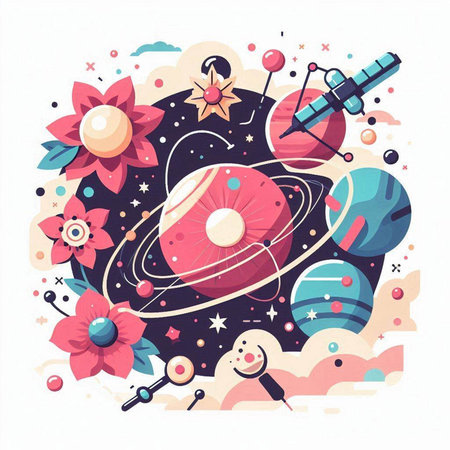 Vector illustration with space planets, stars, comets and satellite.のイラスト素材