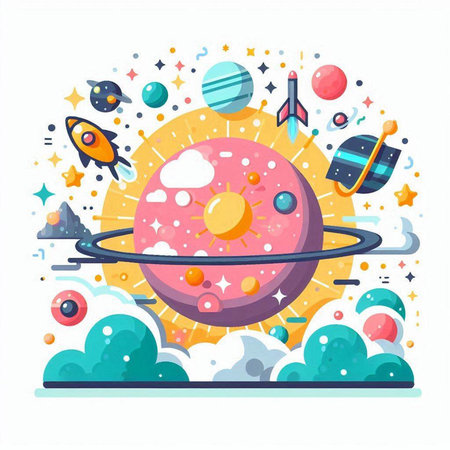 Cartoon space scene with planets, rockets and stars. Vector illustrationのイラスト素材