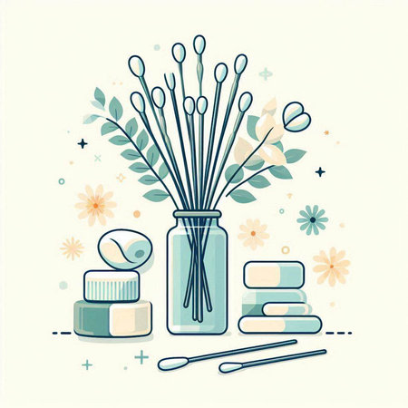 Vector illustration of set of spa items: cotton buds, tweezers, cotton pads, cotton swabs, shampoo, cream.のイラスト素材