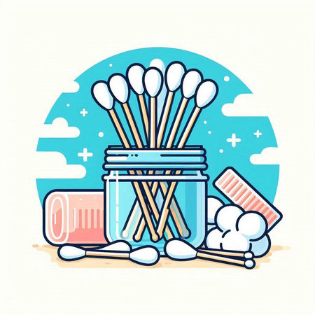 Cotton swabs and cotton sticks in a glass jar. Vector illustration.のイラスト素材