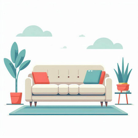 Living room with sofa, sofa and plants. Flat style vector illustration.のイラスト素材