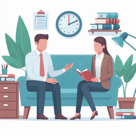 Man and woman sitting on sofa in office. Man and woman talking to each other. Vector illustrationのイラスト素材